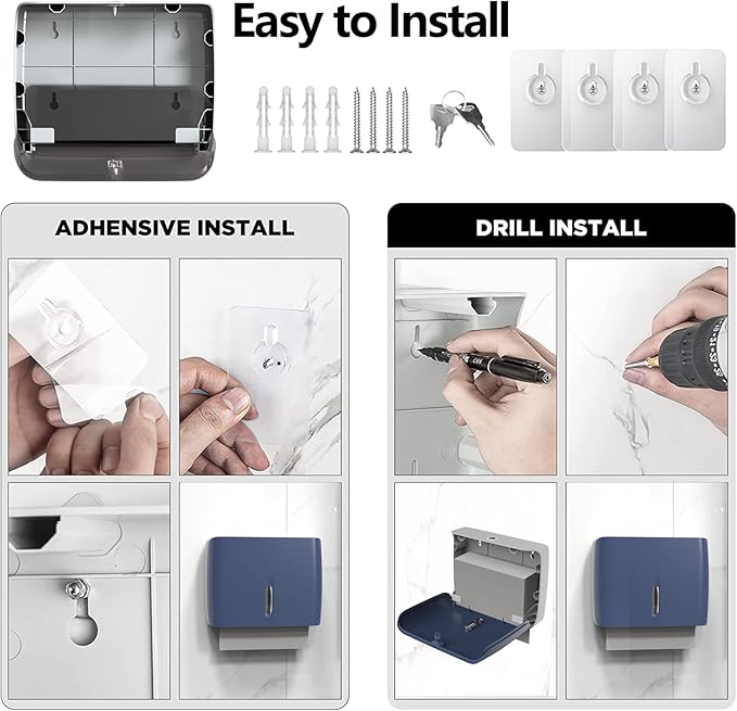 Paper Towel Dispenser Wall Mount,Capacity 200+ Sheets ZFold Tri Fold Blue Adhesive No Drilling or Screws Installation for Home Toilet