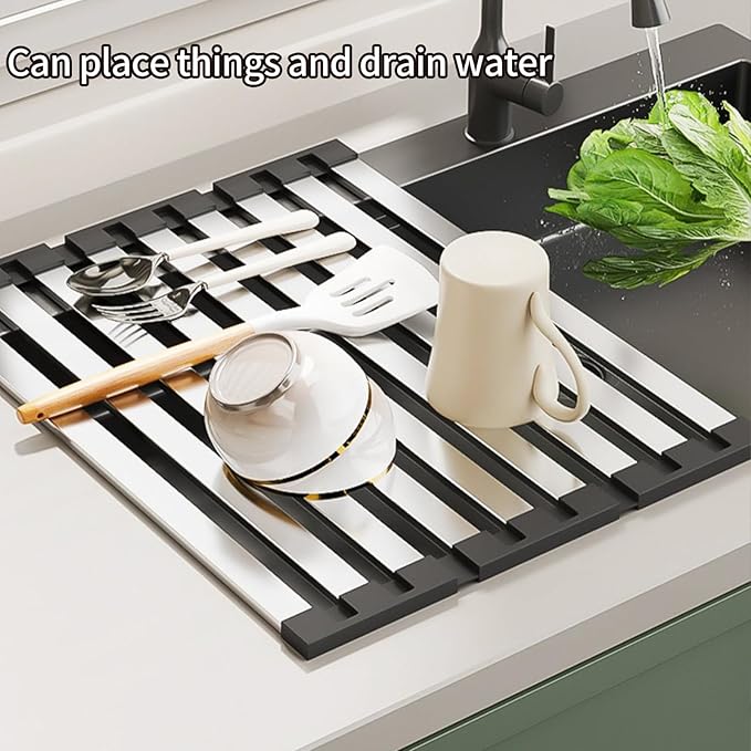 Foldable Dish Drying Rack, Over The Sink Dish Drying Rack ，Dish Drying mat，Dish Drying mats for Kitchen Counter，Stainless Steel Multifunctional mat (19.69×12.8in)