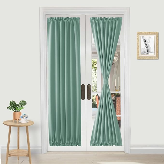DWCN French Door Curtains – Rod Pocket Thermal Blackout Curtain for Doors with Glass Window, Kitchen and Patio Doors for Privacy, 25 X 72 Inches Long, 1 Curtain Panel with Tieback, Light Sage