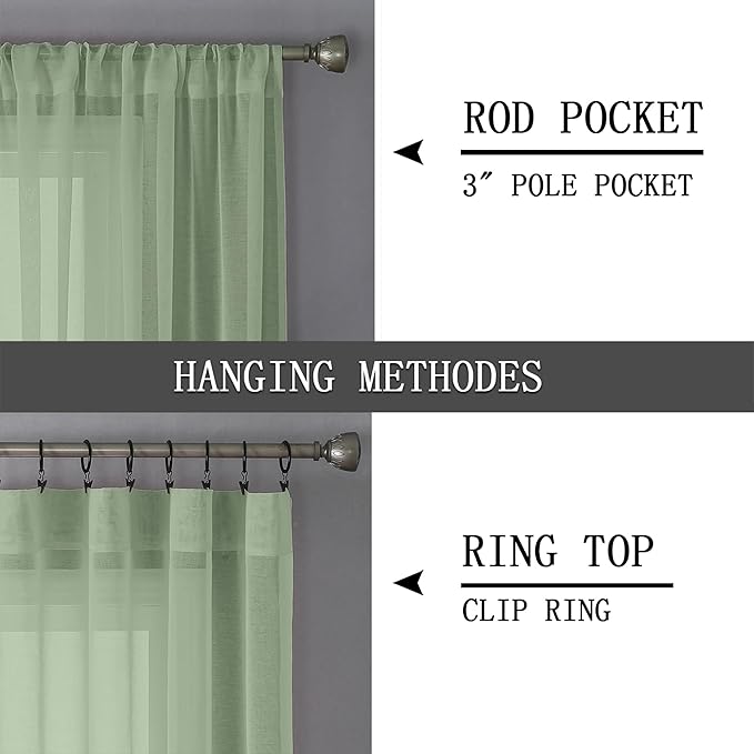 Tollpiz Short Sheer Curtains Living Room Linen Textured Curtain Sheers Light Filtering Voile Rod Pocket Curtains for Bedroom, 38 x 45 inches Long, Sage Green, Set of 2 Panels