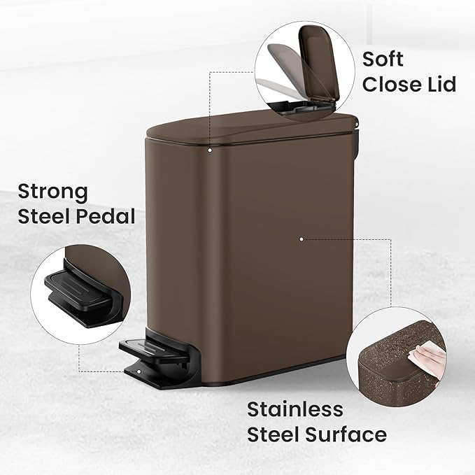 Cesun Small Bathroom Trash Can with Lid Soft Close, Step Pedal, 6 Liter / 1.6 Gallon Stainless Steel Garbage Can with Removable Inner Bucket, Anti-Fingerprint Finish (Brown)