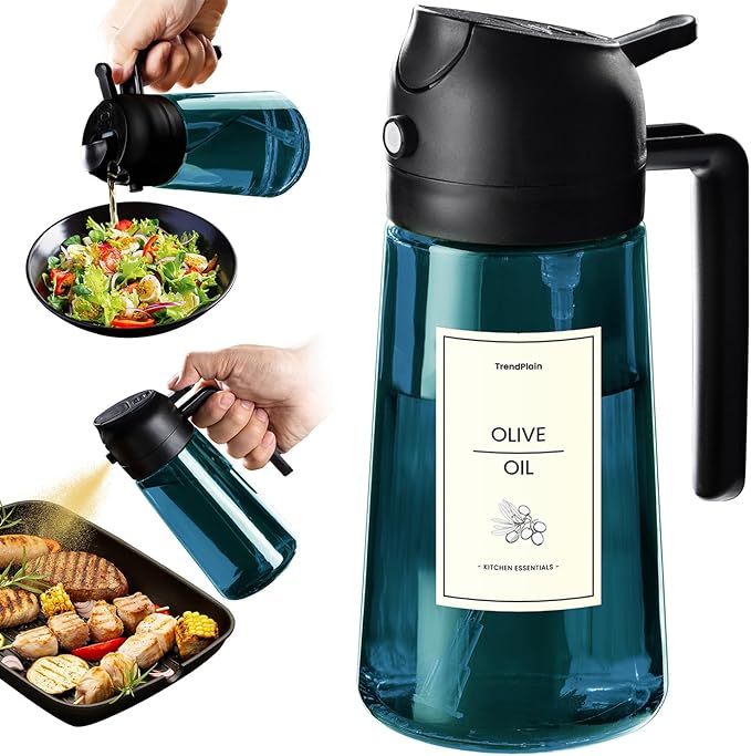 TrendPlain 16oz/470ml Blue Glass Olive Oil Sprayer for Cooking - 2 in 1 Olive Oil Dispenser for Kitchen Gadgets, Air Fryer, Salad, and BBQ - Black