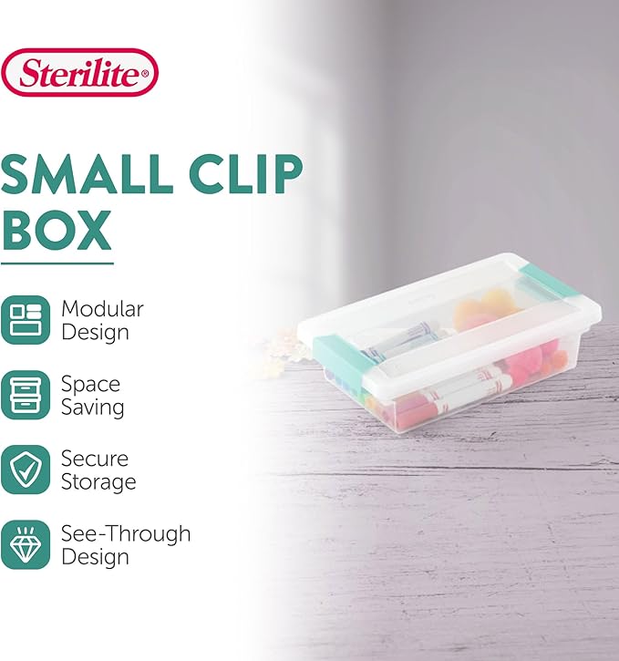 Sterilite 24-Pack Clip Box, Stackable Clear Plastic Bins with Latching Lids, Small - Writing, Arts or Crafts Supplies Storage Containers for Home, Office, Classroom and Workshop Organization