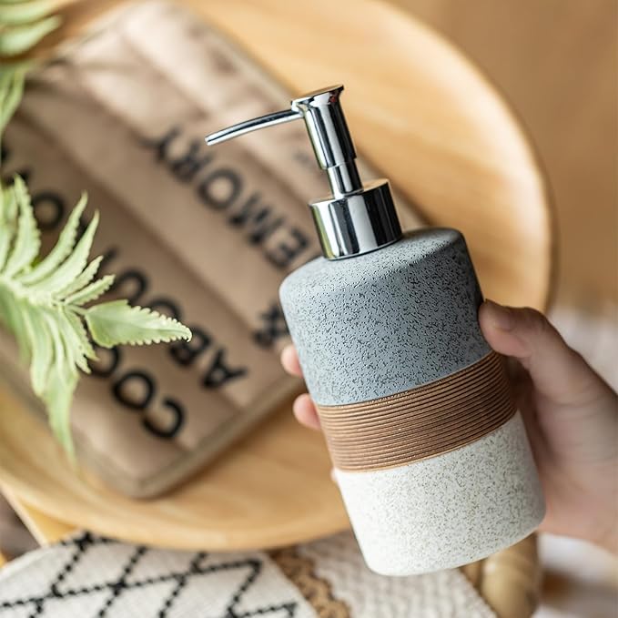 Ceramic Soap Dispenser Set for Hand Soap, Shampoo, Dish Soap, Conditioner, Bathroom & Kitchen, Stainless Steel Pump, Includes Silicone Funnel, 12 Oz, Non-Slip, Elegant Kitchen Decor, Gray