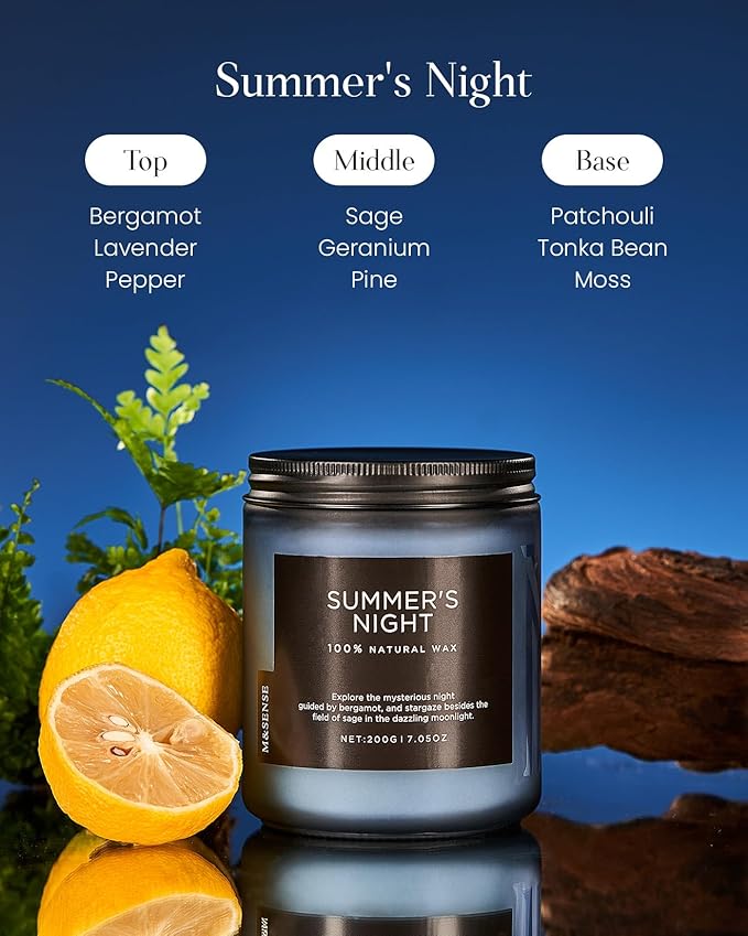 M&SENSE Summer's Night Scented Candle, All Natural Soy Wax Clean Non Toxic Manly Candle for Home, 7.05oz Up to 50 Hours Burn Time in Glass Jar for Bedroom