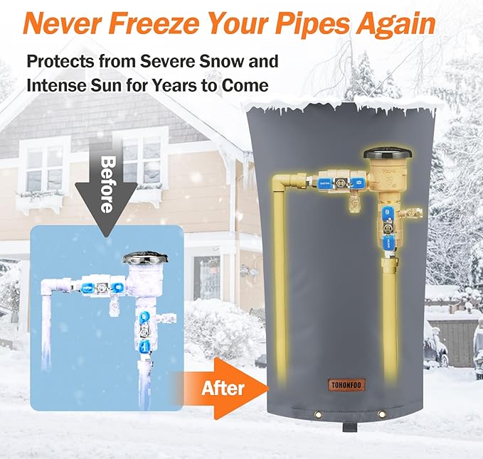 TOHONFOO Backflow Preventer Pipe Insulation Cover (5°F) - Irrigation Sprinkler Valve Insulated Pouch - Water Well Pump Cover - Sturdy 5 Layers for Winter Freeze Protection, 14" W x 26" H, Grey