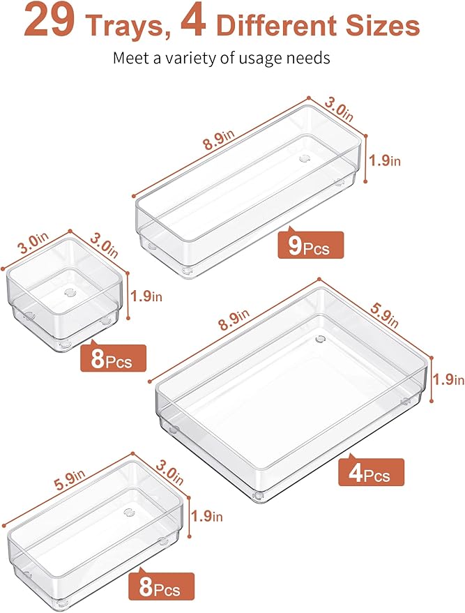 SMARTAKE 29-Piece Drawer Organizer with Non-Slip Silicone Pads, 4-Size Desk Drawer Organizer Trays Storage Tray for Makeup, Jewelries, Utensils in Bedroom Dresser, Office and Kitchen (Clear)