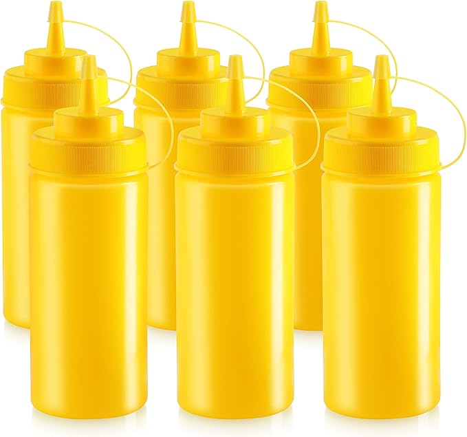 New Star Foodservice 26528 Plastic Squeeze Bottles with Cap and Scale, Wide Mouth, 16 oz, Yellow, Pack of 6