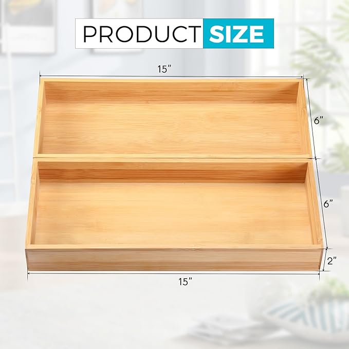 Fabsome Kitchen Utensil Drawer Organizer, Bamboo Silverware Cutlery Flatware Organizer Bins, Wooden Container Storage Trays for Bathroom Vanity Junk Drawer, 15" x 6" Set of 2