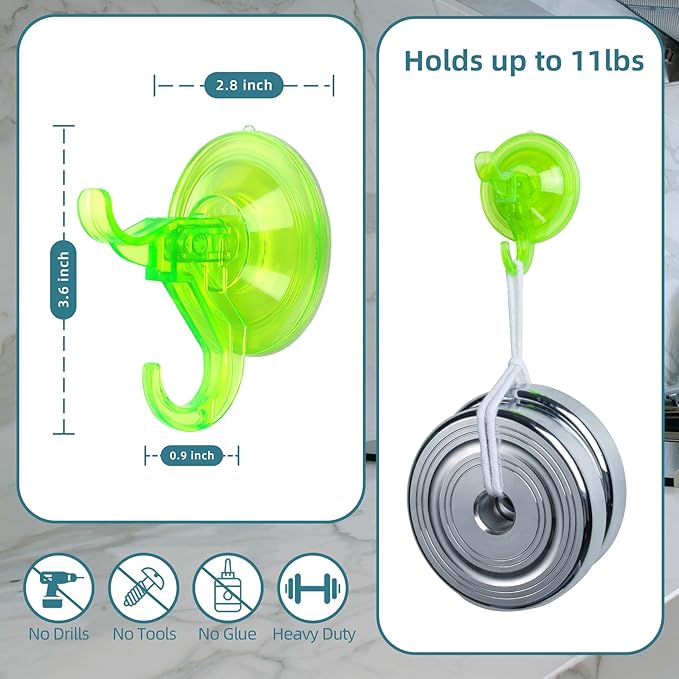 Antimbee Suction Hooks, 10 Pack Reusable Hangers, Removable Small Suction Cups for Shower, Bathroom, Glass, Door, Windows, Kitchen - Up to 11 lbs on Smooth Surface (Transparent Green)