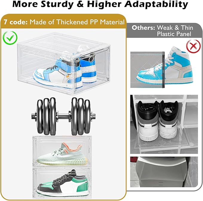 7 code Large Clear Shoe Boxes Organizer【Thicker Material】 Stronger Shoe Box with Magnetic Door, Stackable Shoe Storage Box for Closet, Foldable Space-Saving Storage Bins Shoe Cabinet, White 9 Pack