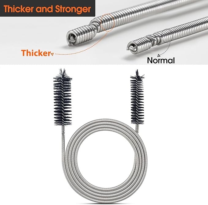 Extra-Thick Drain Brush with Stronger Spring - 67-Inch Flexible Pipe Cleaning Tool - Dual Bristle Heads - Ideal for Curved Pipes and Slim Holes – Black