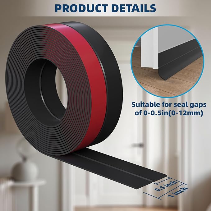 Heavy-Duty 36 ft x 1 in Weather Stripping, Extra Thick 2mm Door Draft Stopper Silicone Seal Strip for House and Glass Shower Doors for Collision and Side Gaps of Door and Windows, Black