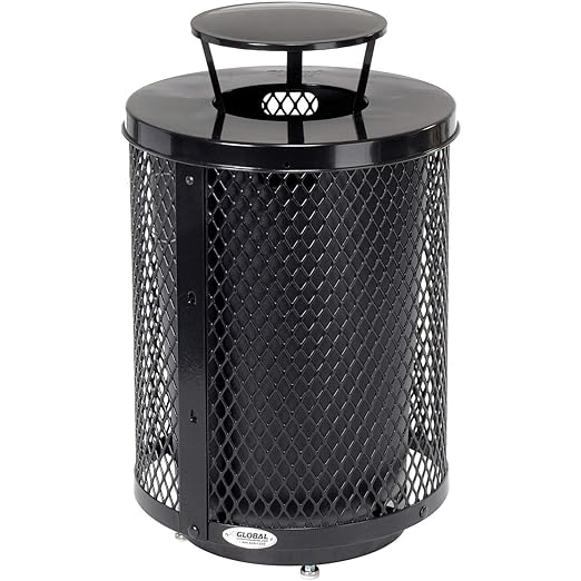 Global Industrial Outdoor Diamond Steel Trash Can with Rain Bonnet Lid, Raised Base and Plastic Liner, 36 Gallon Capacity, Black, Thermoplastic Coating, 23-1/2" Diameter, 43-1/2"H