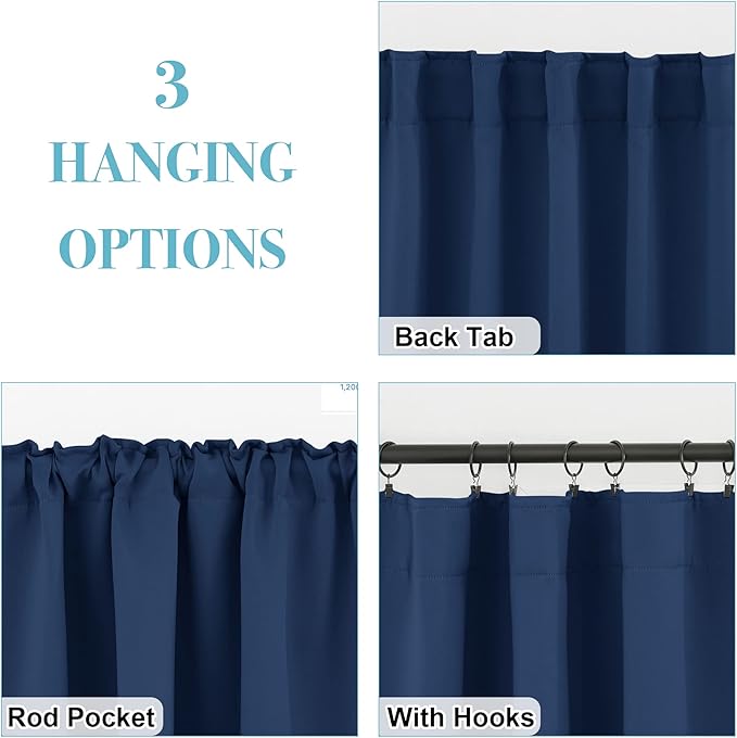 RYB HOME Blackout Curtains for Living Room, Back Tab & Rod Pocket Top Insulating Window Decor for Bedroom Dining Classroom Home Office, W 62 x L 63, Navy, 2 Panels