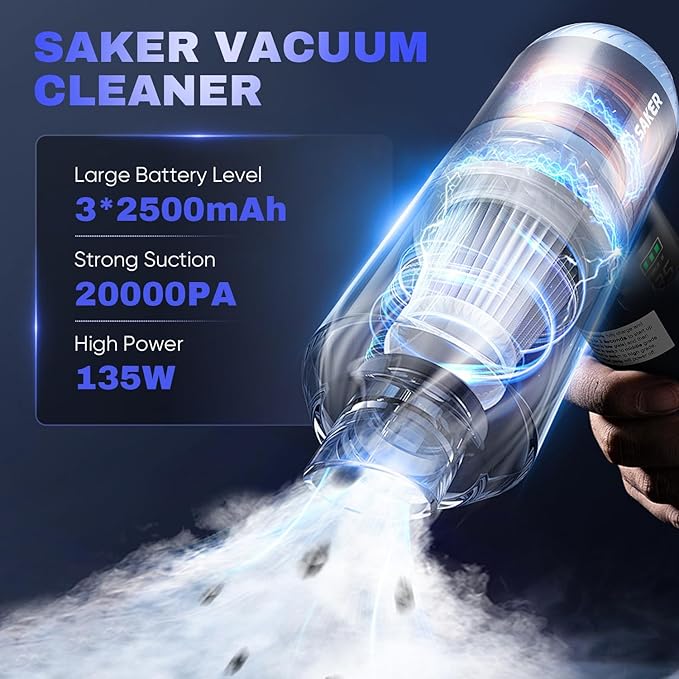 Saker Car Vacuum Portable Cordless 20000Pa Suction Power 4 in 1 Handheld Vacuum with LED Light Type-C Portable Mini Vacuums for Car, Home, Office, Pet HL157 Blue