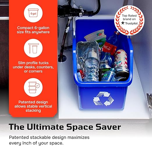 Multi Bin Recycling System with Three Stackable 6 Gallon Recycle Bins to Build Your Recycling Center for Offices, Kitchen, Garages, Businesses (3 Pack, Blue/Yellow/Red)