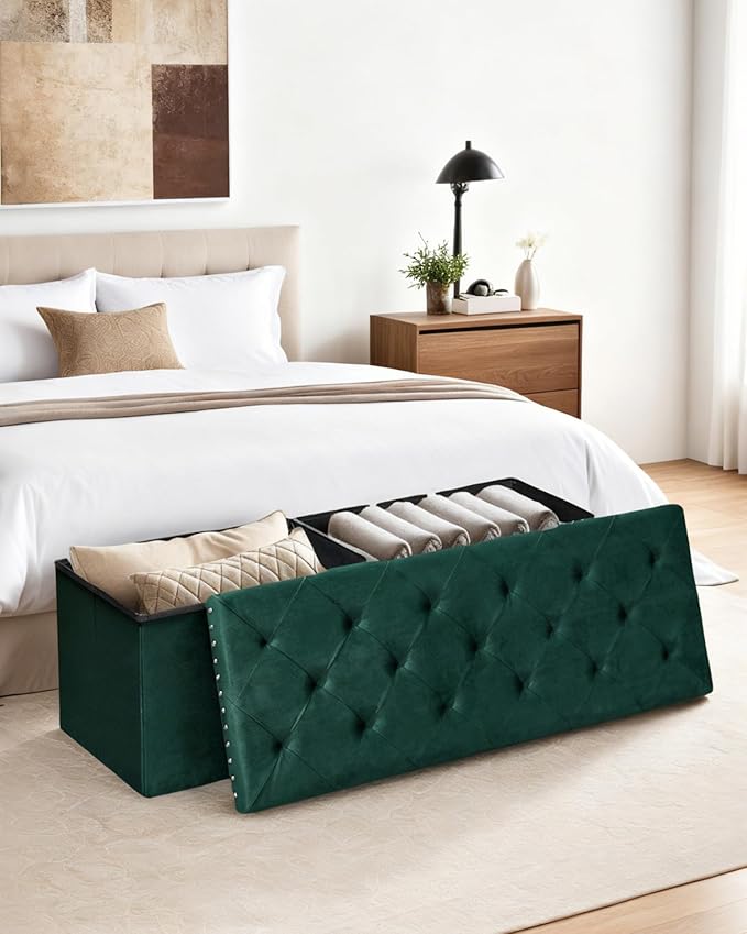 Velvet Storage Ottoman Bench, 43.3" Folding Ottoman with Rivet Trim, Heavy-Duty Upholstered Entryway Bench, Sturdy Footrest and Seat for Bedroom, Living Room, Holds up to 660 LBS, Green