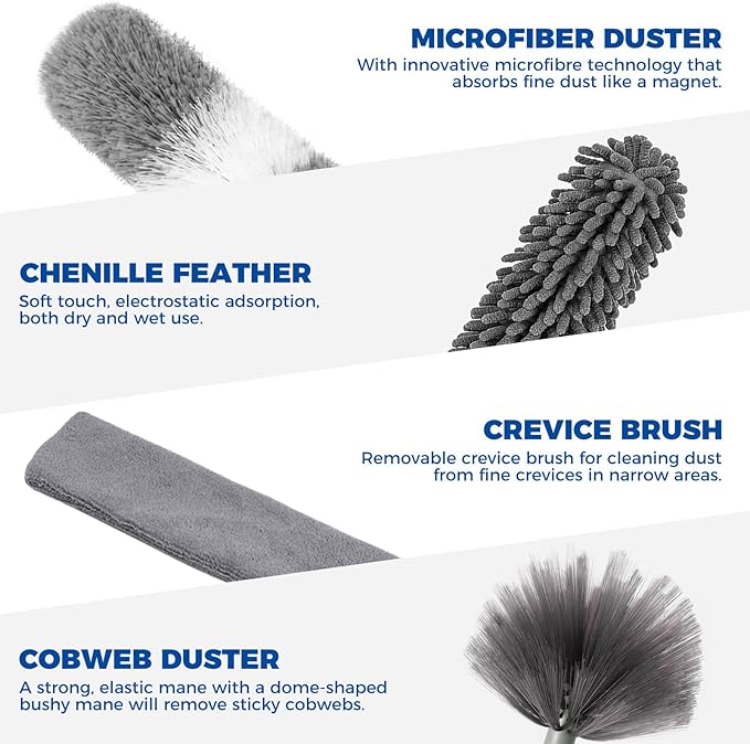 9Pcs Dusters for Cleaning Kit, Extendable Microfiber Duster Tools with 100" Long Pole, Retractable Gap Bendable Dust Cleaner, Reusable Washable Cleaning Supplie for Ceiling Fan Furniture Cars and Home