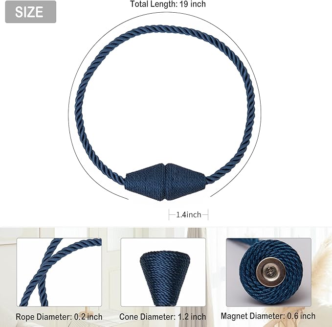 Magnetic Curtain Tiebacks 4 Pack Outdoor Rope Curtain Tie Backs Decorative Window Treatment Holdbacks for Home Decorative Curtain, Blue