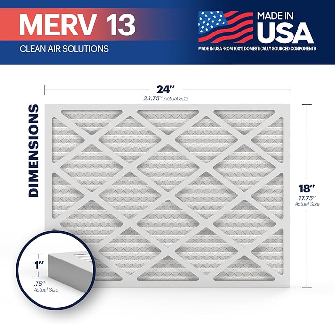 BNX TruFilter 18x24x1 Air Filter MERV 13 (4-Pack) - MADE IN USA - Electrostatic Pleated Air Conditioner HVAC AC Furnace Filters for Allergies, Pollen, Mold, Bacteria, Smoke, Allergen, MPR 1900 FPR 10