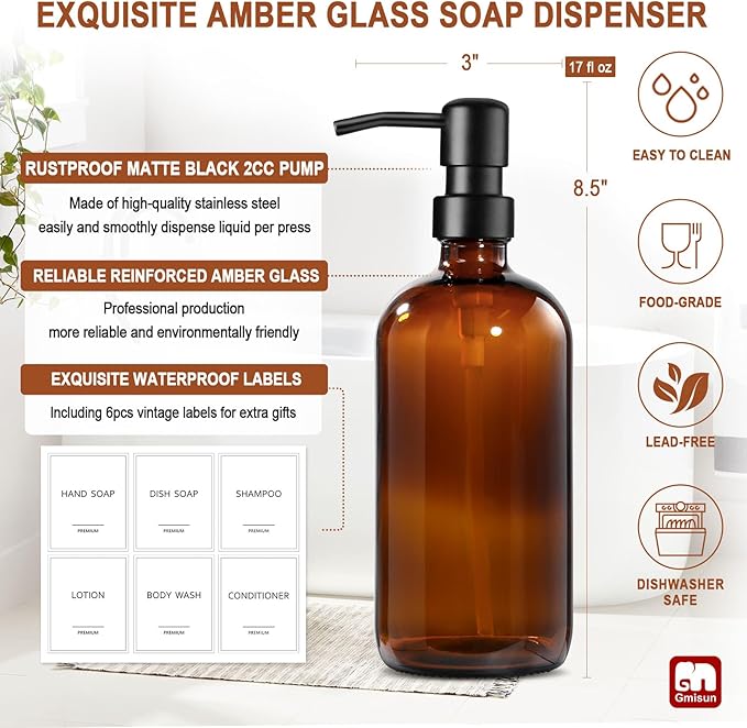 GMISUN Amber Glass Soap Dispenser, 4 Pack Bathroom Hand Soap Dispensers with Stainless Steel Pump, 17 Fl Oz Kitchen Hand and Dish Soap Dispenser Set, Modern Vintage Liquid Brown Soap Dispensers Bottle
