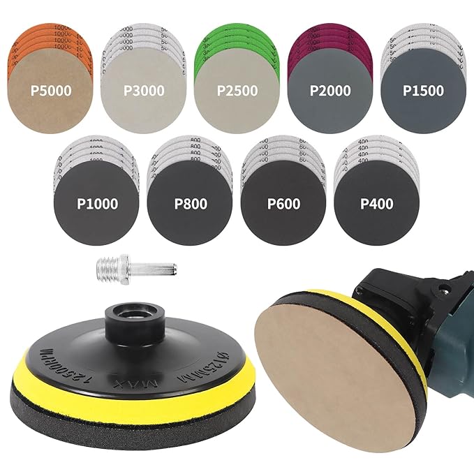 45PCS 5 Inch Wet Dry Sanding Discs Kit with Hook and Loop Backing Pad 5/8-11 and Foam, Angle Grinder Drill Sanding Attachment, Sander for Drill 400 to 5000 Grits Sandpaper for Wood Metal Car