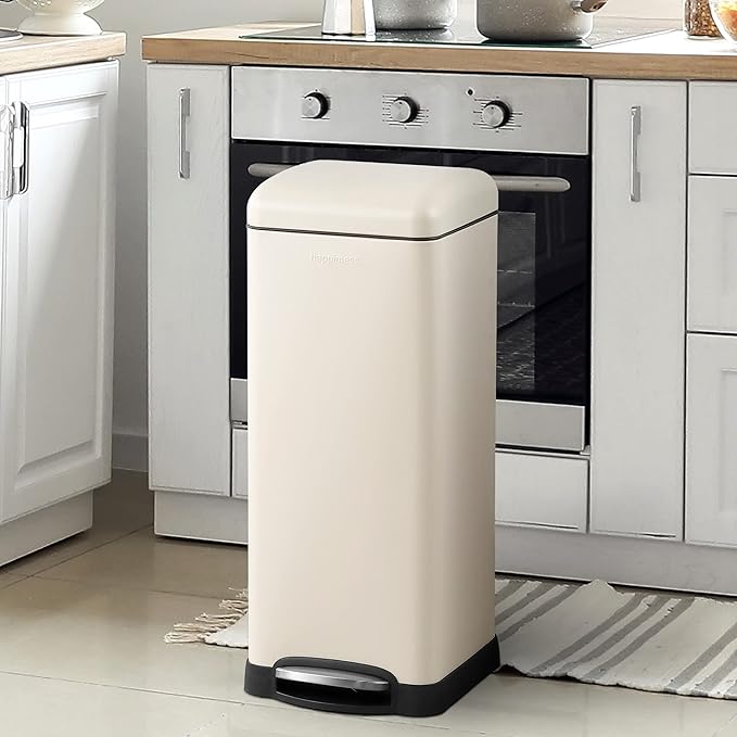 happimess HPM1007F Betty Retro 8-Gallon Step-Open Trash Can with Soft-Close Lid, Fingerprint Resistant, Modern, Minimalistic for Home, Kitchen, Laundry Room, Office, Bedroom, Bathroom, Almond