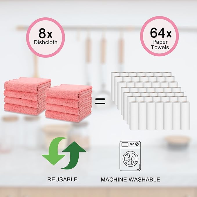 kimteny Kitchen Cloth Dish Towels, 13x28 Inches Premium Dishcloths, Super Absorbent Coral Velvet Microfiber Cleaning Cloths, Fast Drying Rags for Washing Dishes (13x28-8 Pack, Pink)