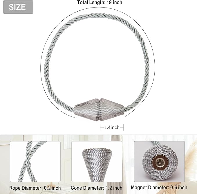 Magnetic Curtain Tiebacks 8 Pack Outdoor Rope Curtain Tie Backs Decorative Window Treatment Holdbacks for Home Decorative Curtain, Grey