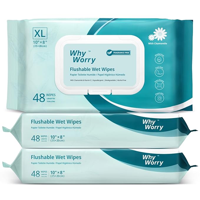 WhyWorry Flushable Wipes for Adults, Extra Large 8"x10" Butt Wipes for Toilet & Personal Cleansing, Chamomile and Vitamin E, 100% Plant-Based, Septic & Sewer Safe, Unscented, 144 Count (3 Packs)