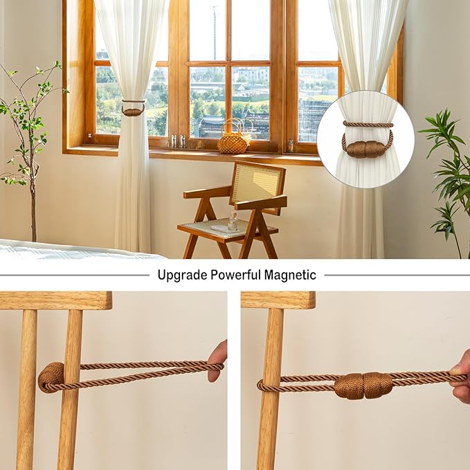Magnetic Curtain Tiebacks Rope Curtain Tie Backs for Curtains 8 Pack Curtain Holders for Drapes Decorative Window Curtain Holdbacks, Khaki
