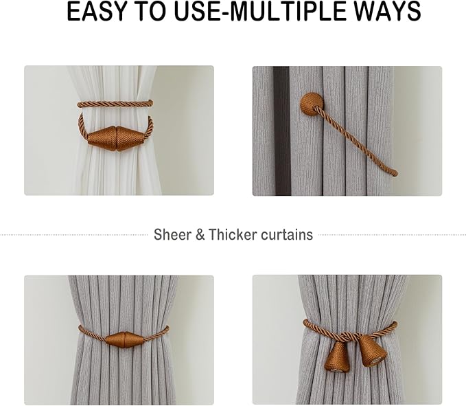 Magnetic Curtain Tiebacks 4 Pack Outdoor Rope Curtain Tie Backs Decorative Window Treatment Holdbacks for Home Decorative Curtain, Khaki