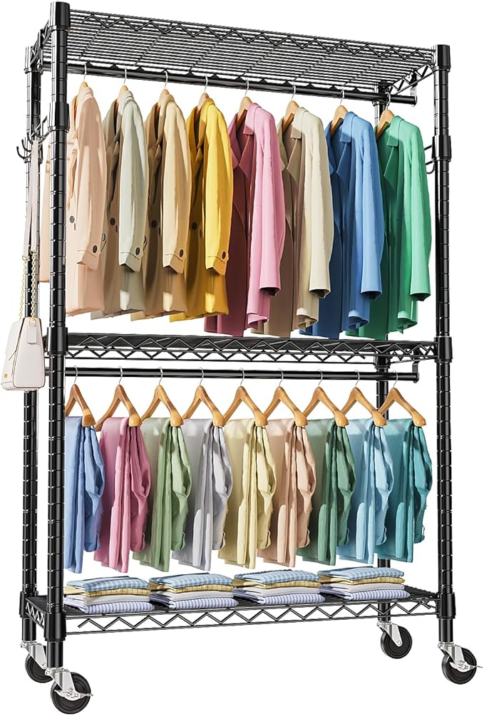 Heavy Duty Rolling Garment Rack 3 Tiers Adjustable Wire Shelving Clothes Rack with 2 Rods and Side Hooks, Storage Closet Clothing Rack with Wheels Black 17.7" D x 47.2" W x 83.6" H