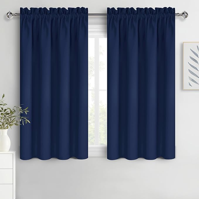 DWCN Short Blackout Curtains for Bedroom 45 Inches Long 2 Panels Set, Solid Thermal Insulated Energy Saving Window Treatment Drapes, Rod Pocket Curtains for Kids Boys Room (W52 x L45 Inch, Navy Blue)