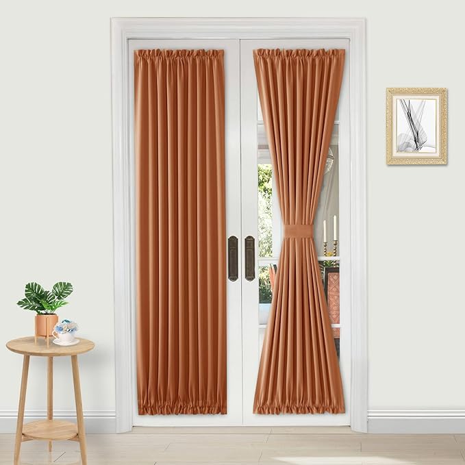 DWCN French Door Curtains – Rod Pocket Thermal Blackout Curtain for Doors with Glass Window, Kitchen and Patio Doors for Privacy, 25 X 72 Inches Long, 1 Curtain Panel with Tieback,Burnt Ochre