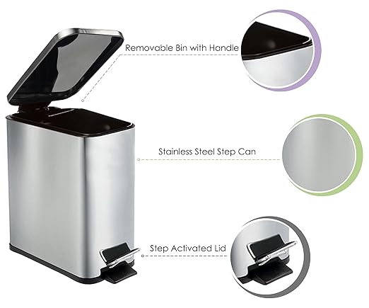 Stainless Steel Small Trash Can with Lid & Step Pedal - 6 Liters/1.6 Gallon Soft Close Garbage Can with Removeable Inner Bucket - Trash Cans for Bathroom, Bedroom, Kitchen & Office (Chrome)