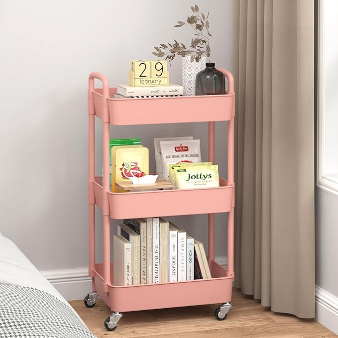 Sywhitta 3-Tier Plastic Rolling Utility Cart with Handle, Multi-Functional Storage Trolley for Office, Living Room, Kitchen, Movable Storage Organizer with Wheels, Pink
