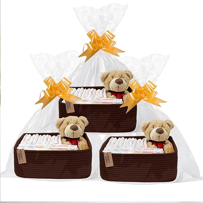 COMFY-HOMI 13" x 8.5" x 5.1" Storage Baskets for Organizing | Cotton Rope Woven Basket | Toy Storage Bin Box | Basket for Shelves, Closet Organizer Bin, Decorative Closet Shelf, 3 Pack, Dark brown