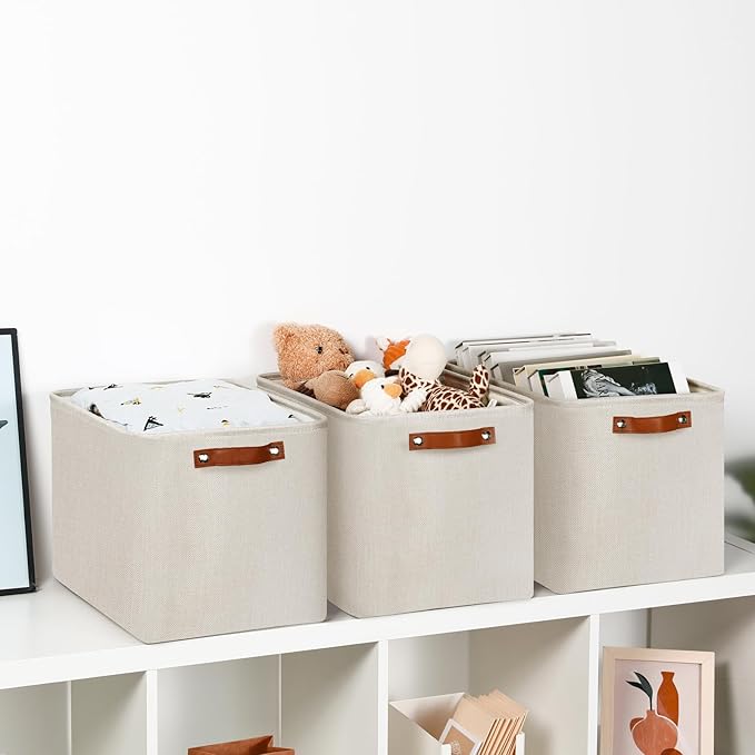 DULLEMELO Large Storage Baskets, Fabric Storage Bins for Organizing Clothes, Large Storage Bins with Handles for Shelves Closet Organizers, Fabric Storage Baskets for Toy Organizers(Beige)