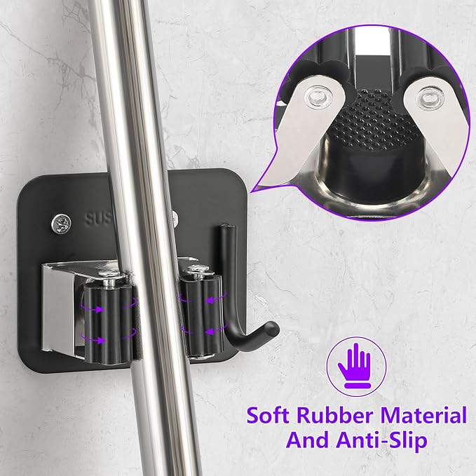 Broom Holder Wall Mount Screw Drilling, Sturdy Heavy Duty Stainless Steel Mop Gripper Rack Perforated, Perfect for Laundry Room Organizer, Fit with Laundry Kitchen Garage Garden Storage System