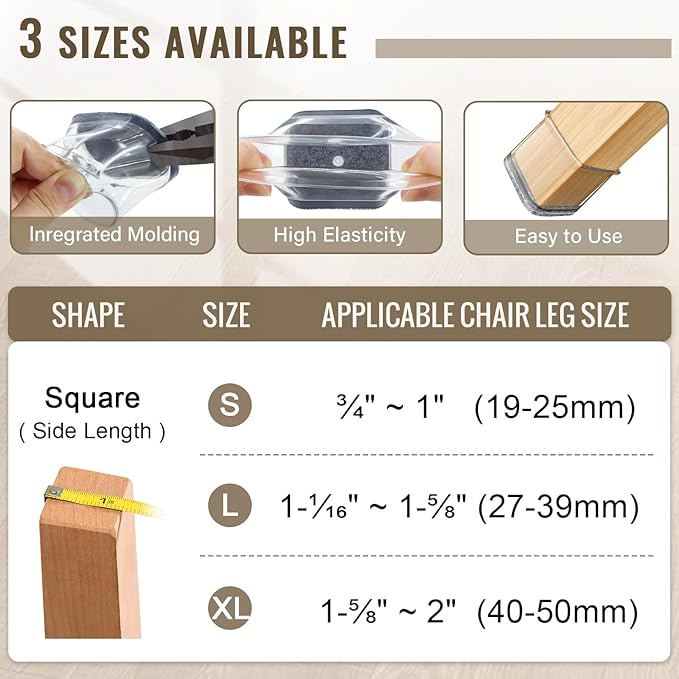BUMACO Chair Leg Floor Protectors Square Chair Leg Protectors for Hardwood Floors Silicone Pads Covers to Protect Floors Clear-20 Pcs Square S (3/4" to 1")