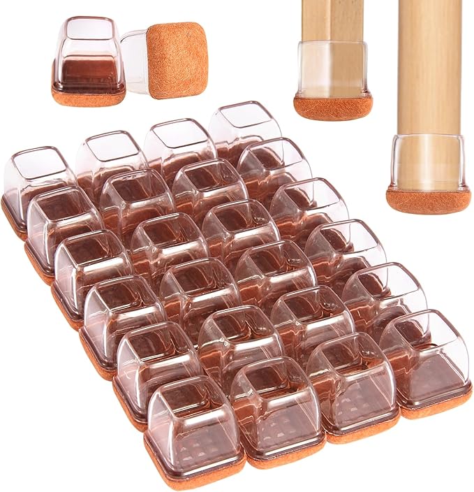 Square Chair Leg Floor Protectors Medium 24Pcs,Silicone Chair Leg Protectors for Hardwood Floors/Tiles,Clear 360°Wrapped Felt Bottom to Prevent Scratch and Reduce Noise