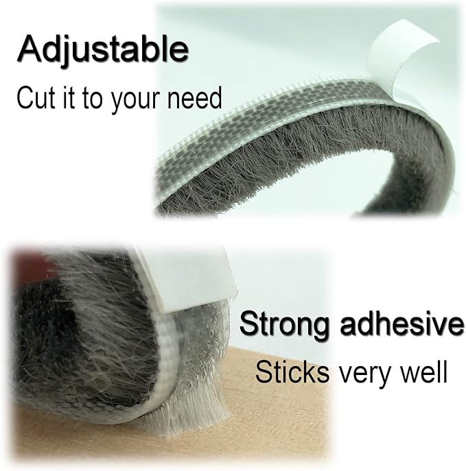 Fuzzy Weatherstripping for Window and Door Frame Side, Pile Self Adhesive Brush Weather Strip Seal Strip Sealer Felt Insulation (16ft x11/32 Backing x 9/16 Brush inch, Grey)