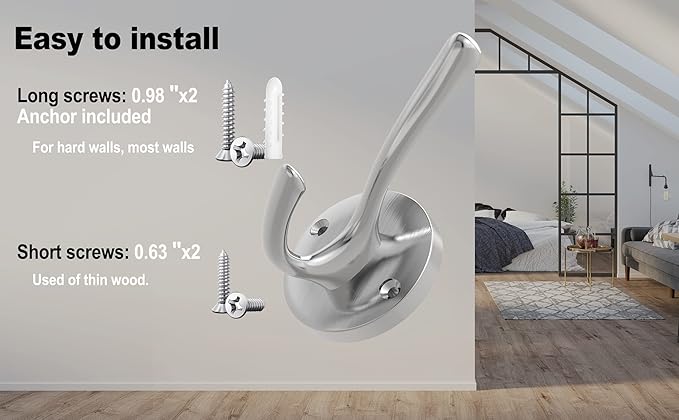 Brushed Nickel Wall Hooks, 4 Pack Heavy Duty Coat Towel Hook Metal Double Hook Wall Mounted Hanging, Bath Towel Hooks for Entryway Cubicle Bathroom Closet Garage