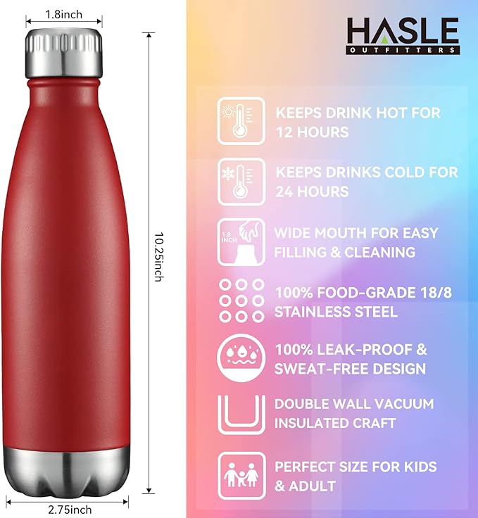 HASLE OUTFITTERS 17oz Stainless Steel Water Bottles, Vacuum Insulated Water Bottles Double Walled Powder Coated Reusable Metal Sports Water Bottles Keep Drinks Hot and Cold, Red, 1Pack