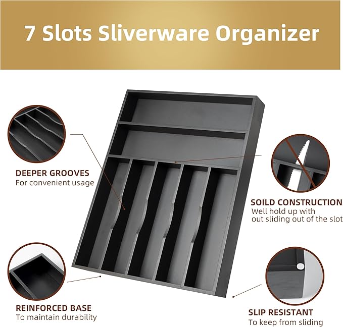 Silverware Organizer Kitchen Drawer Organizer Utensil Organizer Bamboo Silverware Holder Cutlery Organizer in Drawer Flatware Organizer Tray(7 slots, Black