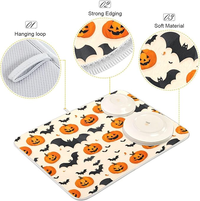 Halloween Black Bat Dish Drying Mat for Kitchen Countertop 18x24 Spooky Evil Pumpkin Lantern Large Drying Mat Reusable Quick Dry Dish Sink Mats Easy Clean Decorative Essentials