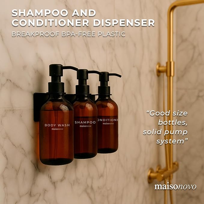 MaisoNovo Shampoo and Conditioner Dispenser - Shower Soap Dispenser Wall Mounted - 16.9 fl oz Set of 3 Amber Plastic Bottles Black Pump - 3 Chamber No Drill