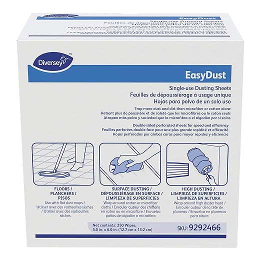 Diversey 9292466 EasyDust Single-use Dusting Sheets, Disposable Multisurface Cleaning Wipes for Floors, Dust Wipes Trap Dirt, Unscented 5x6-inch Sheets, 250-Sheets, 1-Box